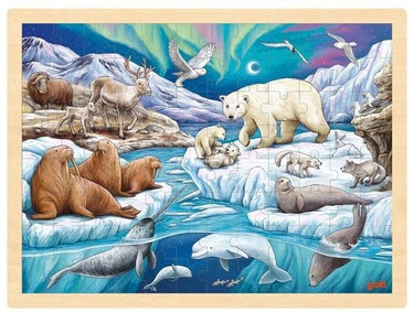 Wooden Puzzle with arctic animals and northern lights.